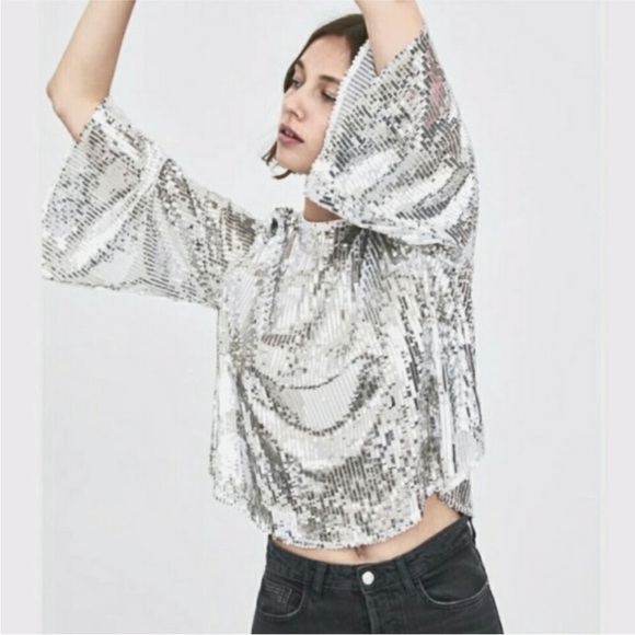 Zara trf collection Silver Sequins Disco Flowy Boho Blouse - Picture 2 of 16